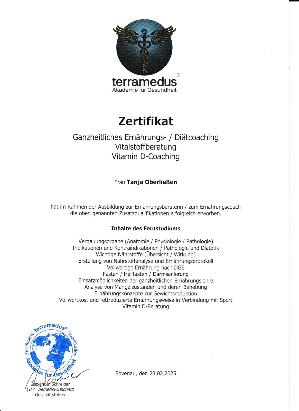 Zertifikat von Tanja Oberließen: Ernährungs- & Diätcoaching, Vitalstoffberatung, Vitamin-D-Coaching