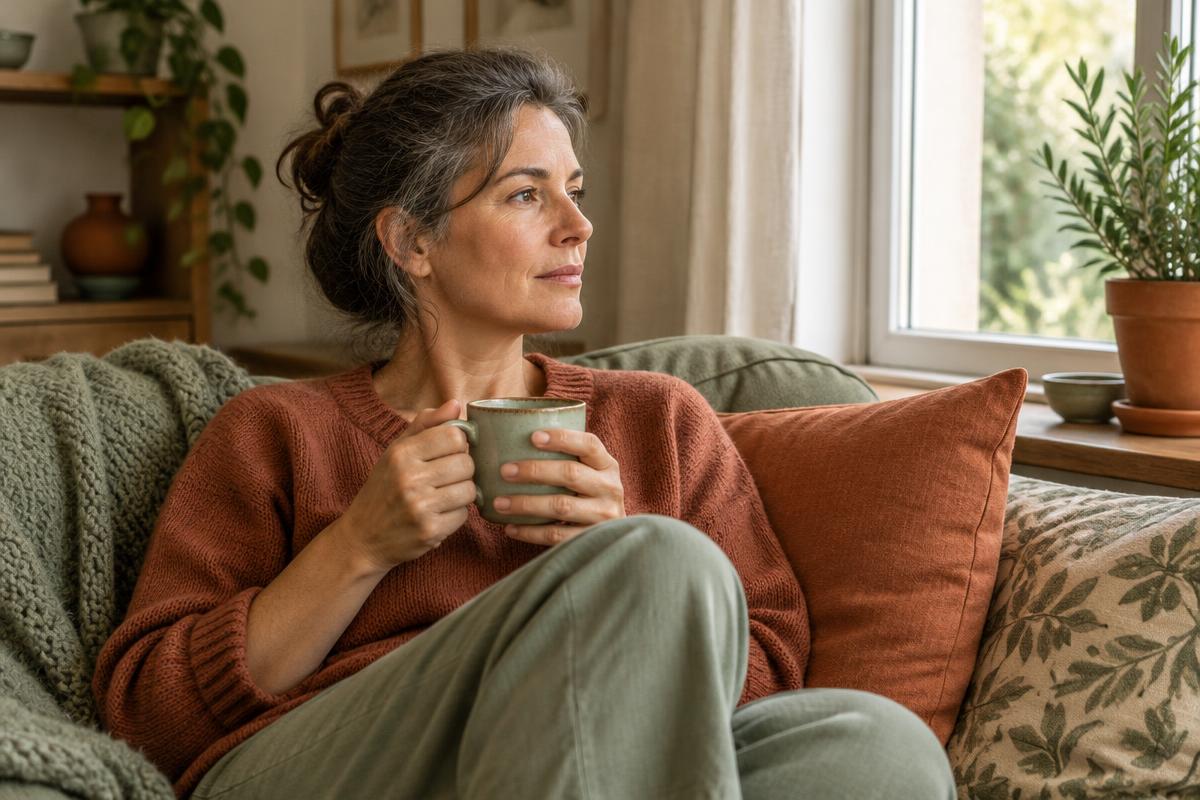 Eine nachdenkliche Frau sitzt mit einer Tasse auf dem Sofa und schaut aus dem Fenster.