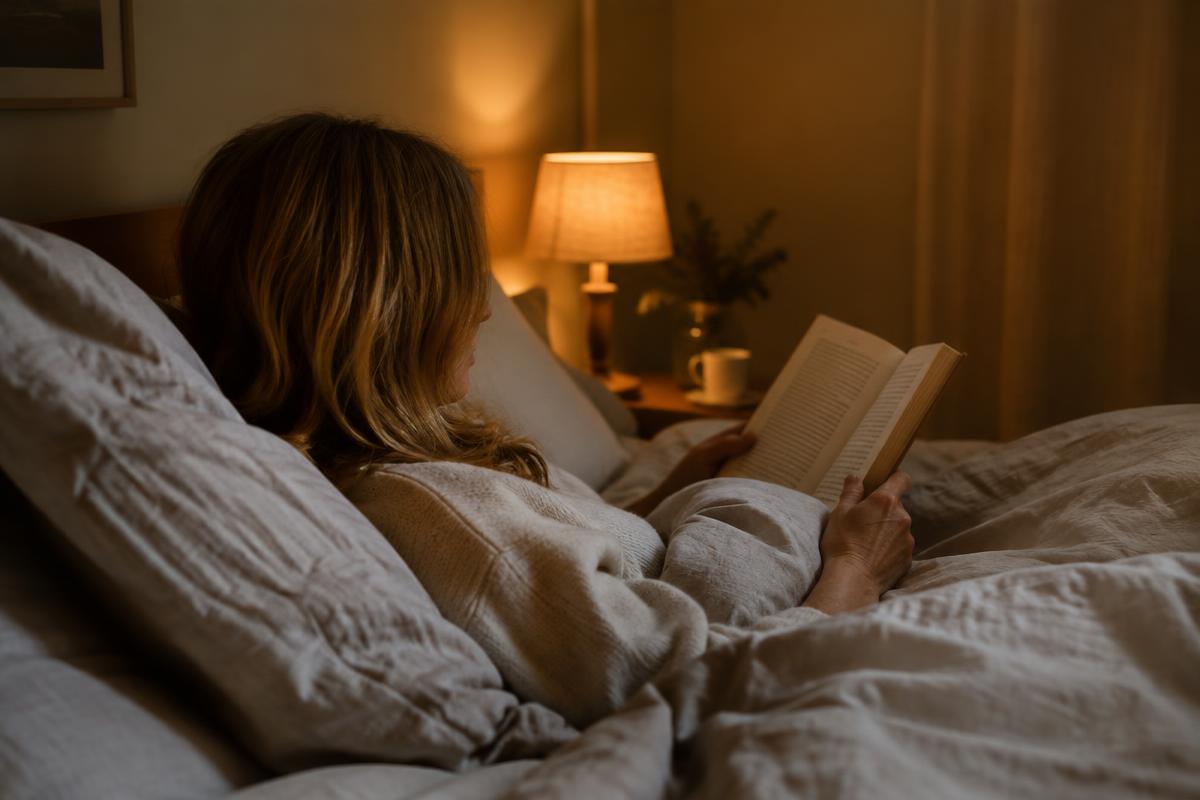 Nachttischlampe mit warmem Licht neben einem Buch – Symbolbild für nachts um 3 Uhr wach in den Wechseljahren